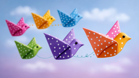 Origami birds fly in formation with dotted lines connecting them, symbolizing coordinated communication. Soft pastel sky with minimal clouds creates serene atmosphere.の素材