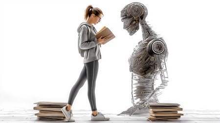 Student girl with books looks at futuristic robot in a bright digital setting. Clean white background creates an engaging atmosphere. Concept of education, technology, innovation.の素材