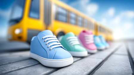 Colorful sneakers positioned on wooden platform with yellow bus nearby. Clear blue sky overhead creates vibrant atmosphere. Concept of fashion, transport, children's activities.の素材