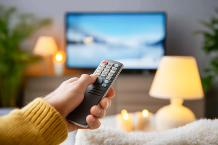 Individual holds remote control and watches television in a comfortable living room setting with warm lighting and decorative elements. Concept of home entertainment, relaxation, lifestyle.の素材