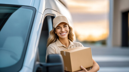 Delivery driver leans out of van window holding package with a warm smile. Beautiful golden sunset creates an inviting atmosphere, showcasing commitment to customer service.の素材
