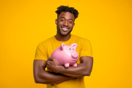 Man smiles while hugging pink piggy bank, bright yellow background enhances cheerful mood. Concept of personal finance, savings, financial literacy, banking.の素材