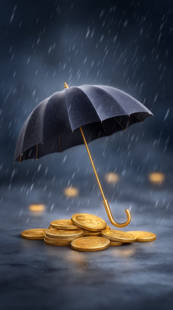 Umbrella shields shiny coins from falling rain, conveying message of financial protection. Dark moody backdrop enhances dramatic effect. Concept of finance, insurance, wealth management.の素材