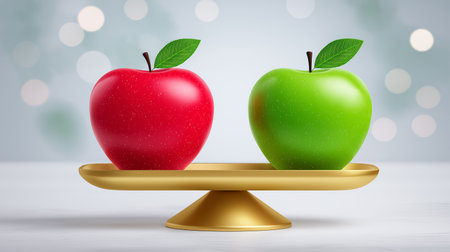 Red apple and green apple balanced evenly on golden scale. Soft overhead light illuminates clean white surface. Concept of equal opportunity, decision making for food industry, education, psychology.の素材