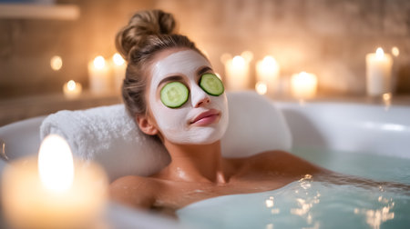 Woman enjoying spa experience in relaxing bathtub with cucumber slices on eyes. Warm glow from candles creates serene atmosphere. Concept of beauty wellness, skincare, spa treatments.の素材