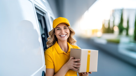 Female delivery driver leans out of van window holding a package. Soft golden sunset illuminating surroundings. Concept of logistics, shipping, customer service.の素材