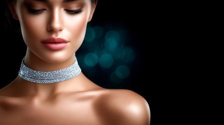 Woman embodies grace with sparkling collar against black backdrop. Soft lighting enhances facial features and highlights elegance. Concept of fashion, beauty industry, jewelry design.の素材