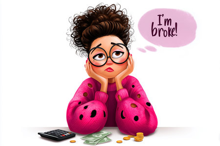 Woman with curly hair rests her chin on her hands, looking at the camera with a frustrated expression. Dressed in a pink sweater, surrounded by coins, bills, and a calculator.の素材