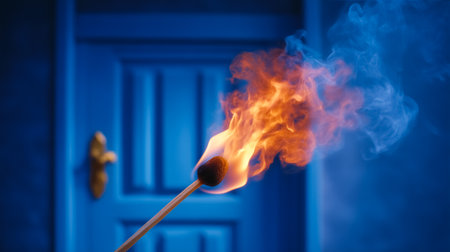 Match strikes and ignites, producing bright flames and swirling smoke in a dramatic blue setting. Concept for creative arts, safety training, fire prevention awareness.の素材