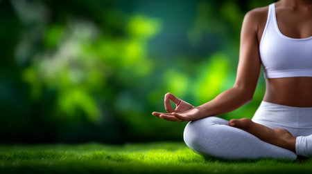 Woman sits in meditation posture on green grass, engaging in yoga practice, surrounded by vibrant foliage. Concept of wellness, mental health, fitness.の素材