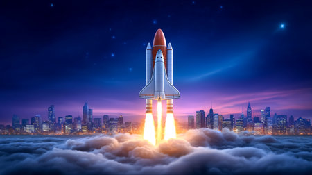 Rocket ascends brightly against a deep purple sky, with city skyline in the background. Nighttime setting captures the excitement of space exploration. Concept of aerospace, innovation, technology.の素材