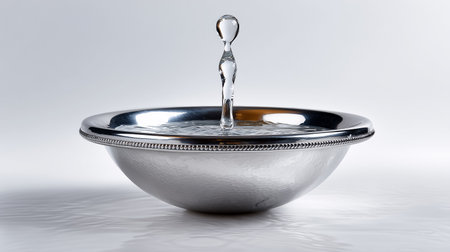 Water droplets flow gracefully from silver fountain into polished bowl. Minimalistic setting with soft lighting enhances tranquility. Concept of relaxation, design, ambiance.の素材