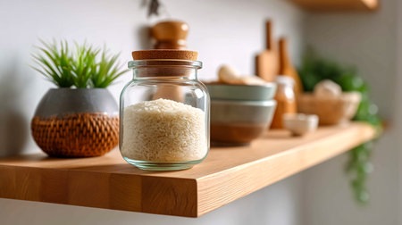 Glass jar contains rice placed on a wooden shelf accented with kitchenware and greenery. Modern kitchen setting evokes warmth and organization. Concept of culinary arts, home decor, food storage.の素材