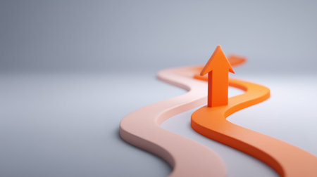 Orange arrow positioned upward along curved pathways in minimalistic grey background. Symbolizes growth and progress. Concept for business consultancy, marketing, innovation.の素材
