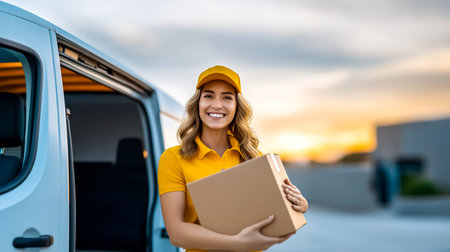 Female delivery driver leans out of van, holding package and smiling brightly. Warm golden sunset creates a cheerful atmosphere. Concept of logistics, delivery services, customer service.の素材