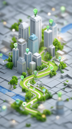 Modern cityscape features tall buildings with pathways and green spaces. Urban environment with intricate layout. Concept of urban planning, architecture, city development.の素材