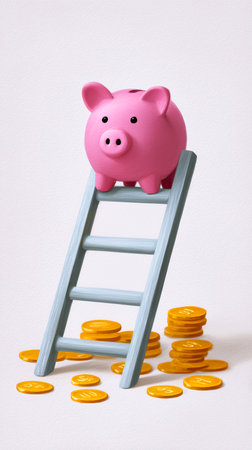 Piggy bank sits atop ladder with coins scattered around, highlighting concept of savings and incremental wealth growth. Clean white backdrop enhances minimalist layout.の素材