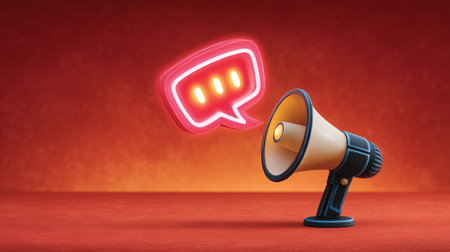 Glowing speech bubble emerges from megaphone illustrating public messaging and outreach. Warm background enhances visibility of the illustration. Concept for marketing, advertising, communication.の素材