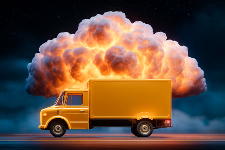 Yellow delivery truck moves swiftly as large explosion cloud billows above in dark stormy sky. Nighttime setting features intense colors and bold contrasts. Concept of transportation, urgency, action.の素材