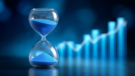 Hourglass filled with blue sand sits before a glass wall displaying an investment chart. Cool blue tones create a tech-savvy atmosphere. Concept finance, investment, wealth management.の素材