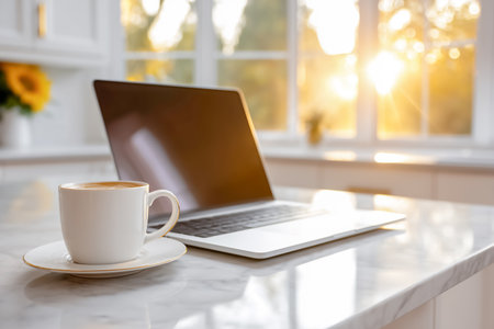 Laptop rests on kitchen counter with coffee mug beside it, bathed in warm morning sunlight. Cozy home environment with inviting atmosphere. Concept of remote work, home office, productivity.の素材