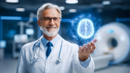 Medical expert holding glowing holographic brain representation in high-tech treatment room. Bright clinical environment with advanced imaging machines.の素材