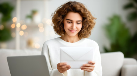 Woman looks delighted while reading a letter in her cozy home office. Bright, warm atmosphere with plants and soft decor. Concept of personal communication, remote work, happiness.の素材