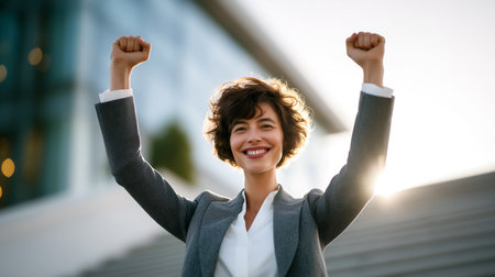 Woman with short curly hair celebrates achievement with raised fists, radiant smile brightens urban landscape. Concept of success, motivation, business achievement, professional environment.の素材