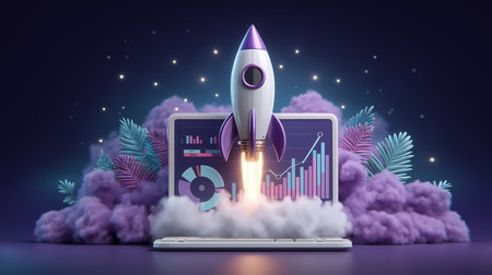 Rocket lifts off from laptop showing data graphs and charts. Vivid purple and teal colors create vibrant atmosphere. Concept of technology, innovation, business growth.の素材