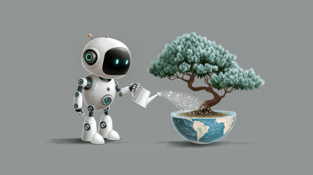 Robot pours water on bonsai tree with artistic globe base, symbolizing nurturing and growth. Setting conveys harmony between technology and nature. Concept of eco-friendliness, gardening, innovation.の素材