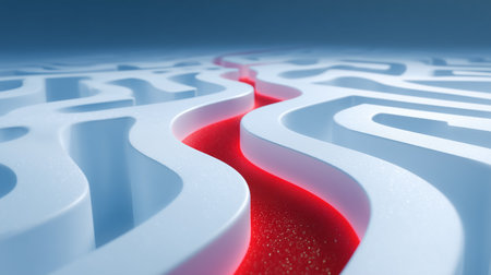 Abstract maze structure with flowing lines and a vibrant red path weaving through. Clean, modern design emphasizing contrast between blue and red. Concept of creativity, innovation, technology.の素材