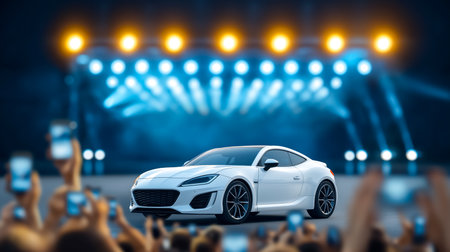 White sports car displayed prominently on stage with bright lights illuminating crowd. Excited audience holding smartphones, creating energetic atmosphere.の素材