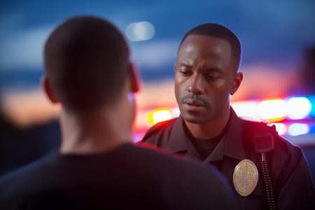 Police officer reads rights to individual with hands behind back. Dusk setting highlighted by blurred police car lights. Concept of law enforcement, public safety, legal awareness.の素材