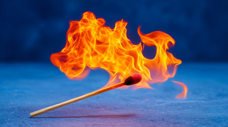 Matchstick lights up with intense orange flames against a dark blue backdrop. The dynamic movement of fire captures energy and transformation. Concept of safety, fire prevention, energy solutions.の素材
