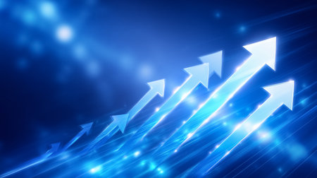 Dynamic glowing arrows move upward, representing growth and collaboration. Set against a blue backdrop with gradient lighting, this illustration conveys themes of success.の素材