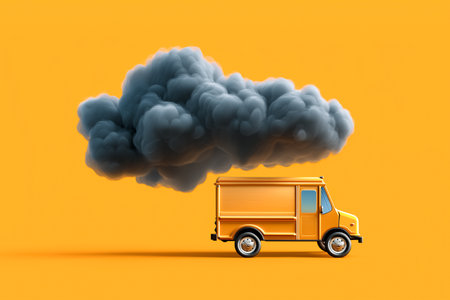 Delivery truck rolls on bright orange background with playful gray cloud hovering above.の素材