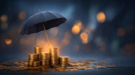 Umbrella protects stacks of coins from rain in dark and dramatic atmosphere. Warm inner glow contrasts against cold backdrop. Concept of finance, insurance, investment.の素材