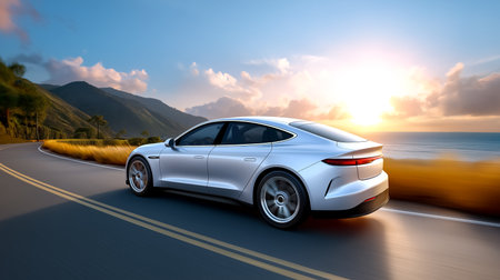 Electric car cruises down winding coastal road with sunset illuminating ocean waves. Beautiful landscape features rolling mountains and golden sky.の素材