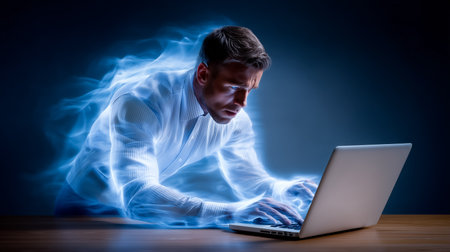 Man focused on laptop, illuminated by ethereal blue glow suggesting high concentration and creativity. Modern workspace with wooden table and dark background.の素材