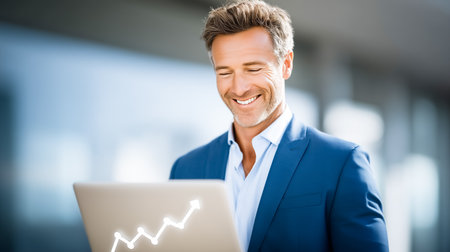 Businessman looking content while reviewing financial statistics on laptop. Bright, contemporary office with soft lighting. Concept of finance, entrepreneurship, business growth.の素材