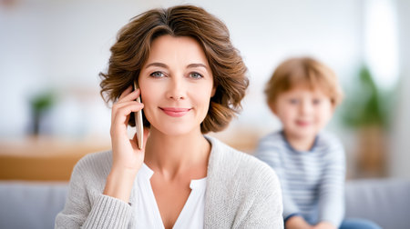Woman smiling and looking at camera while on smartphone. Child playing happily nearby in warm, inviting living room. Concept of family bonding, communication, home life.の素材
