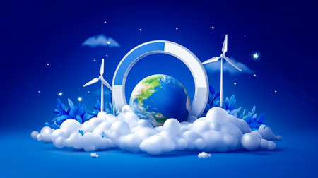 Wind turbines stand tall near a globe symbolizing renewable energy and sustainability. Bright blue background embodies a futuristic and eco-friendly vision.の素材
