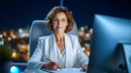Businesswoman writing notes at workspace with computer and blurred city lights outside window. Evening setting with modern design. Concept of entrepreneurship, productivity, corporate growth.の素材
