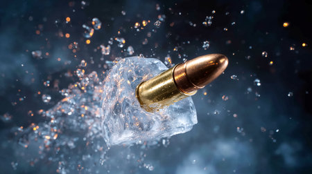 Bullet emerges from solid ice, creating a powerful splash. Dark background enhances dramatic impact, highlighting motion. Concept of explosives, firearms, visual effects, action photography.の素材