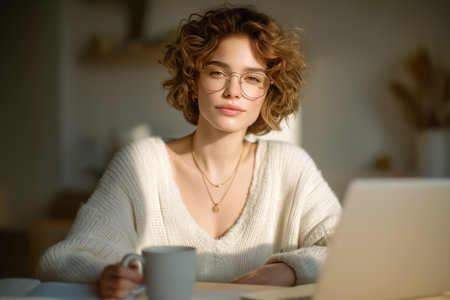 Woman with curly hair looking at camera while sipping coffee in relaxed atmosphere. Warm light illuminates a stylish interior. Concept of remote work, productivity, and modern lifestyle.の素材