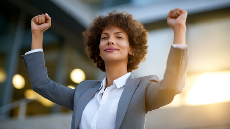 Businesswoman with curly hair smiles while raising arms in triumph. Bright office environment with blurred background. Concept of achievement, empowerment, professional growth.の素材