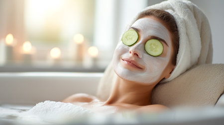 Woman enjoying spa treatment with a facial mask and cucumber slices resting on eyes. Relaxed expression in a tranquil setting with soft lighting and candles. Concept of beauty, wellness, relaxation.の素材