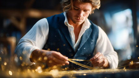 Craftsman skillfully shapes fine gold strands while seated in inviting workshop filled with warm light and rich textures. Concept of craftsmanship, artistry, handmade goods.の素材