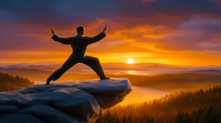 Man stands in yoga pose on cliff edge at sunset, overlooking a breathtaking landscape of mountains and valleys. Concept of wellness, mindfulness, outdoor adventure.の素材