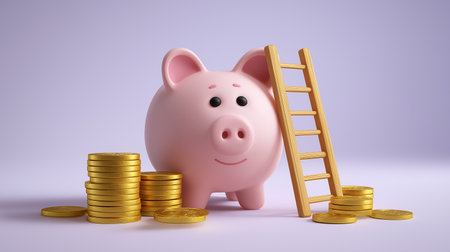 Piggy bank stands next to ladder with coins scattered around. Clean white background highlights warm tones. Concept finance, banking, wealth management.の素材